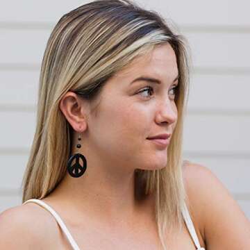 Earth Accessories Peace Sign Dangle Earrings with Organic Wood - Earring Hippie Accessories and Hippie Costume for 60s or 70s