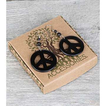 Earth Accessories Peace Sign Dangle Earrings with Organic Wood - Earring Hippie Accessories and Hippie Costume for 60s or 70s