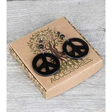 Earth Accessories Peace Sign Dangle Earrings with Organic Wood - Earring Hippie Accessories and Hippie Costume for 60s or 70s