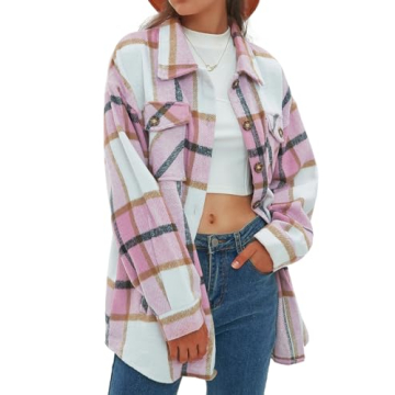 CHYRII Women's Casual Brushed Flannel Plaid Shacket Button Down Long Sleeve Shirt Jacket Coats with ...