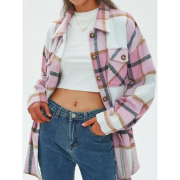 CHYRII Women's Casual Brushed Flannel Plaid Shacket Button Down Long Sleeve Shirt Jacket Coats with Pockets 7121-Pink L