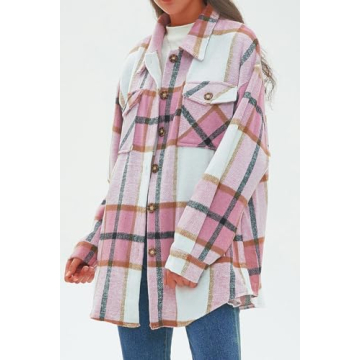 CHYRII Women's Casual Brushed Flannel Plaid Shacket Button Down Long Sleeve Shirt Jacket Coats with Pockets 7121-Pink L