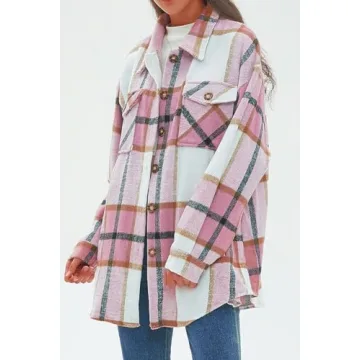 CHYRII Women's Casual Brushed Flannel Plaid Shacket Button Down Long Sleeve Shirt Jacket Coats with Pockets 7121-Pink L