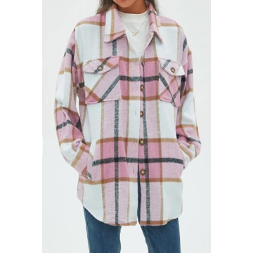 CHYRII Women's Casual Brushed Flannel Plaid Shacket Button Down Long Sleeve Shirt Jacket Coats with Pockets 7121-Pink L