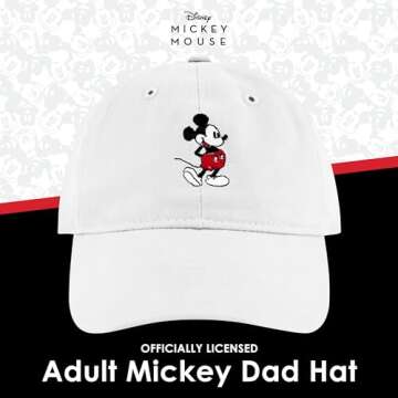 Disney Mickey Mouse Embroidered Cotton Adjustable Dad Hat with Curved Brim, White Washed, One Size