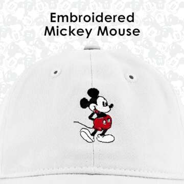 Disney Mickey Mouse Embroidered Cotton Adjustable Dad Hat with Curved Brim, White Washed, One Size