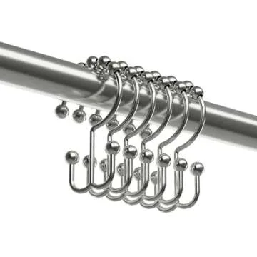 Maytex Shower Curtain Hooks, Shower Curtain Rings, Rust-Resistant Decorative Double Roller Glide Shower Hooks, Shower Rings for Bathroom Shower Rods, Curtains, Liners, Set of 12, Brushed Nickel