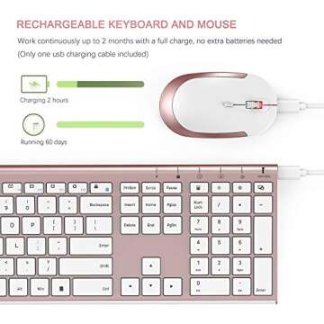 Wireless Keyboard and Mouse, Vssoplor 2.4GHz Rechargeable Keyboard and Mouse Combo with Nano USB Receiver for Windows, Laptop, PC, Notebook, Computer-Rose Gold