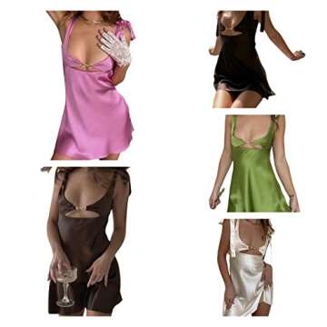 Women's Sexy Mini Dress Solid Color Sleeveless Low-Cut Spaghetti Strap Satin Tank Dress E-Girl Aesthetic Party Nightwear (A-Apricot, Large)