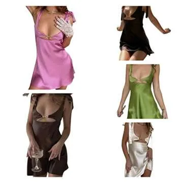 Women's Sexy Mini Dress Solid Color Sleeveless Low-Cut Spaghetti Strap Satin Tank Dress E-Girl Aesthetic Party Nightwear (A-Apricot, Large)