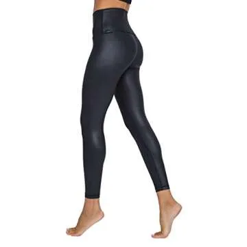 90 Degree By Reflex Womens High Waist High Shine Faux Leather Disco Ankle Leggings - Black Elastic Free Super High Waist - Small