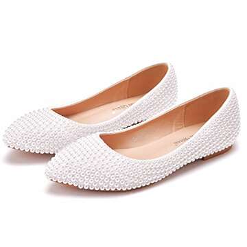 Comfortable Women Flats Handmade White Lace Bridal Ballet Flats Closed Toe Shoes Bride Wedding Shoes (White Pearls, 37)