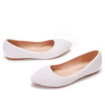 Comfortable Women Flats Handmade White Lace Bridal Ballet Flats Closed Toe Shoes Bride Wedding Shoes (White Pearls, 37)