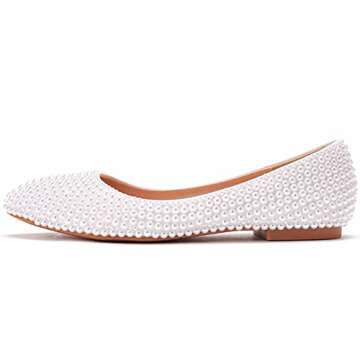 Comfortable Women Flats Handmade White Lace Bridal Ballet Flats Closed Toe Shoes Bride Wedding Shoes (White Pearls, 37)