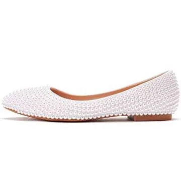 Comfortable Women Flats Handmade White Lace Bridal Ballet Flats Closed Toe Shoes Bride Wedding Shoes (White Pearls, 37)