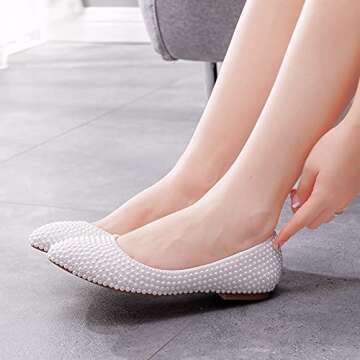Comfortable Women Flats Handmade White Lace Bridal Ballet Flats Closed Toe Shoes Bride Wedding Shoes (White Pearls, 37)
