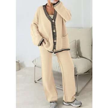 PRETTYGARDEN Women's 2 Piece Outfits Knit Matching Lounge Sets Long Sleeve V Neck Cardigan Sweaters Wide Leg Pants Tracksuits