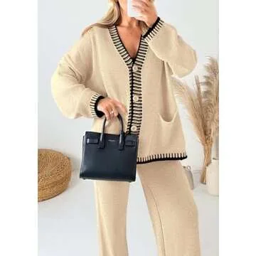 PRETTYGARDEN Women's 2 Piece Outfits Knit Matching Lounge Sets Long Sleeve V Neck Cardigan Sweaters Wide Leg Pants Tracksuits