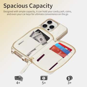 ZVE Wallet Case for iPhone 15 Pro Max with Card Holder, 360° Rotation Ring Stand Crossbody Zipper W...