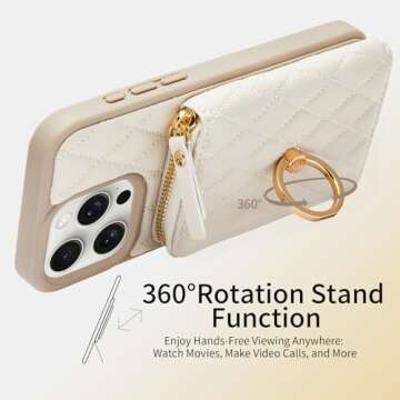 ZVE Wallet Case for iPhone 15 Pro Max with Card Holder, 360° Rotation Ring Stand Crossbody Zipper Wallet Lanyard Case for iPhone 15 Pro Max 6.7 Inch-Beige