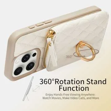 ZVE Wallet Case for iPhone 15 Pro Max with Card Holder, 360° Rotation Ring Stand Crossbody Zipper Wallet Lanyard Case for iPhone 15 Pro Max 6.7 Inch-Beige