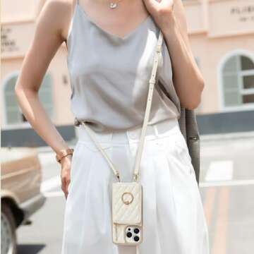 ZVE Wallet Case for iPhone 15 Pro Max with Card Holder, 360° Rotation Ring Stand Crossbody Zipper Wallet Lanyard Case for iPhone 15 Pro Max 6.7 Inch-Beige