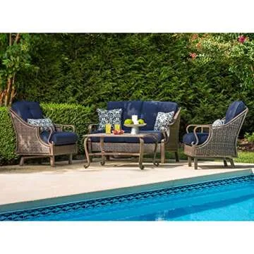 Hanover Ventura Outdoor 4-Piece Outdoor Patio Furniture Set with Loveseat, 2 Rocking Chairs, Navy Blue Cushions, 4 Pillows and Ceramic Tile Coffee Table, All-Weather 4-Piece Outdoor Furniture Set