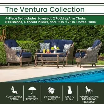 Hanover Ventura Outdoor 4-Piece Outdoor Patio Furniture Set with Loveseat, 2 Rocking Chairs, Navy Blue Cushions, 4 Pillows and Ceramic Tile Coffee Table, All-Weather 4-Piece Outdoor Furniture Set