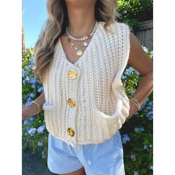 KEOMUD Women's Sleeveless Cropped Knit Cardigan Vest 2025 Casual Button Down Chunky Sweater Vest Top...