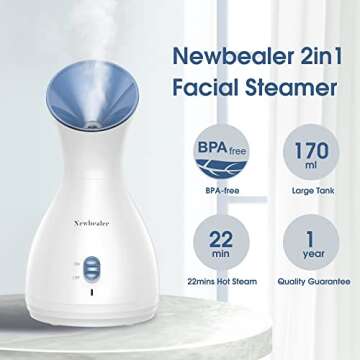 Newbealer 2in1 Facial Steamer, Hot Mist Facial Aromatherapy Humidifier Atomizer, Large Face Steamer Unclogs Pores Sinuses Moisturizing, Home Sauna Spa with Eyebrow Set (Blue, 170 ml)