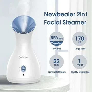 Newbealer 2in1 Facial Steamer, Hot Mist Facial Aromatherapy Humidifier Atomizer, Large Face Steamer Unclogs Pores Sinuses Moisturizing, Home Sauna Spa with Eyebrow Set (Blue, 170 ml)