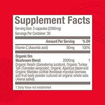 Om Mushroom Superfood Immune Defense Mushroom Capsules Superfood Supplement, 90 Count, 30 Days, Mushroom Blend, Reishi, Turkey Tail, Maitake, Agaricus Blazei, Vitamin C, Vegan
