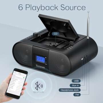 CD Player Portable, FM Radio with Dual Stereo Sound System, Rechargeable Bluetooth Boombox with Remo...