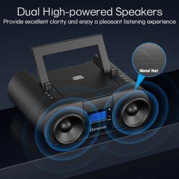 CD Player Portable, FM Radio with Dual Stereo Sound System, Rechargeable Bluetooth Boombox with Remote Control, Playback CD/CD-R/CD-RW/MP3, Support USB & AUX-in, Headphone Output