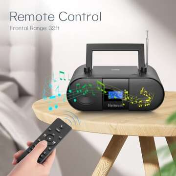 CD Player Portable, FM Radio with Dual Stereo Sound System, Rechargeable Bluetooth Boombox with Remote Control, Playback CD/CD-R/CD-RW/MP3, Support USB & AUX-in, Headphone Output