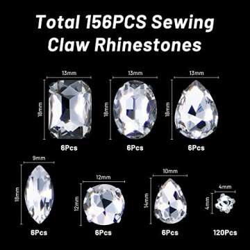 WILLBOND 156 Pcs Sew on Rhinestones Claw Flatback Crystal Rhinestones Metal Prong Setting Gems Acrylic Glass Sewing Gems for Clothes DIY Craft Shoes Dress Jewelry Making(White)