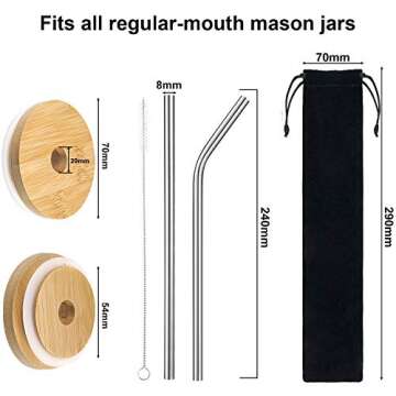 Boao 6 Pack Mason Jar Lids with Straw Reusable Bamboo Lids Wide Mouth Jar Lids 70 mm Regular Mouth W...