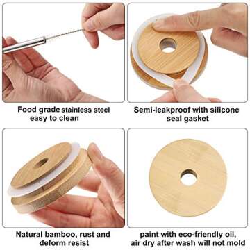 Boao 6 Pack Mason Jar Lids with Straw Reusable Bamboo Lids Wide Mouth Jar Lids 70 mm Regular Mouth Wood Lids with 6 Pieces Reusable Stainless Steel Straws, Cleaning Brush and Bag(Simple Style)