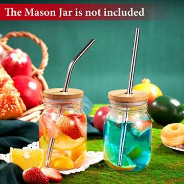Boao 6 Pack Mason Jar Lids with Straw Reusable Bamboo Lids Wide Mouth Jar Lids 70 mm Regular Mouth Wood Lids with 6 Pieces Reusable Stainless Steel Straws, Cleaning Brush and Bag(Simple Style)