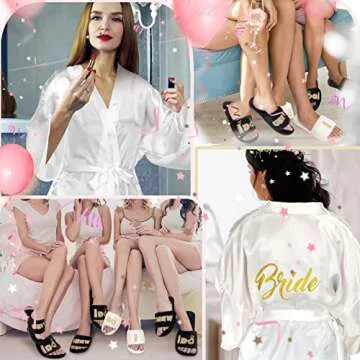 18 Pcs Bride Bridesmaid Robe with Slippers Satin Maid/matron of Honor Short Wedding Party(Elegant Style,White Black)