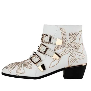 Arqa Women's Studded Ankle Boots Leather Multiple Buckle Chunky Heel Booties Almond Toe Zipper Punk ...