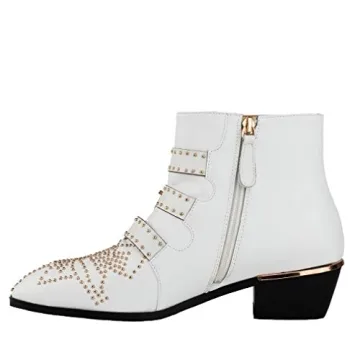 Arqa Women's Studded Ankle Boots Leather Multiple Buckle Chunky Heel Booties Almond Toe Zipper Punk Boot