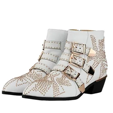 Arqa Women's Studded Ankle Boots Leather Multiple Buckle Chunky Heel Booties Almond Toe Zipper Punk Boot