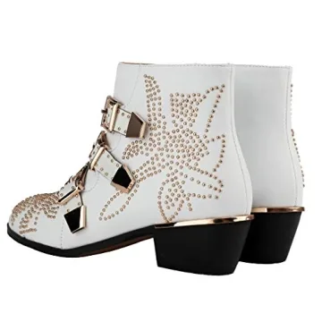 Arqa Women's Studded Ankle Boots Leather Multiple Buckle Chunky Heel Booties Almond Toe Zipper Punk Boot