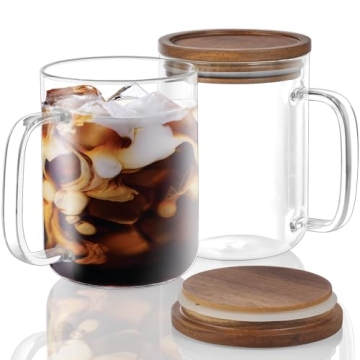 DRASTAR Glass Coffee Mugs Set of 2, 20 oz Clear Cup with Acacia Wood Lid