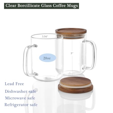 DRASTAR 20 oz Clear Glass Coffee Mug Set with Lid 2-pack