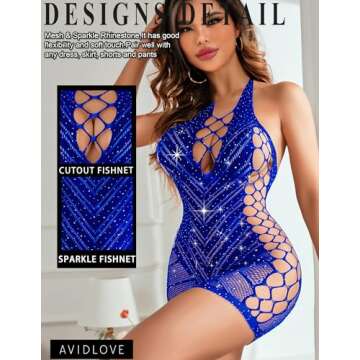 Avidlove Sexy Fishnet Lingerie Halter Bodysuit with Rhinestones - Blue
