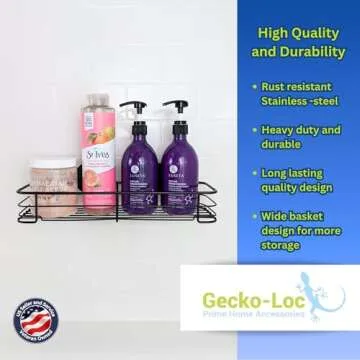 Gecko-Loc Large Wide Suction Cup Wall Mount Bathroom Shower Caddy - Wire Storage Basket Rack for Bath Kitchen Organizer - Black