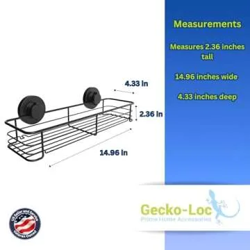Gecko-Loc Large Wide Suction Cup Wall Mount Bathroom Shower Caddy - Wire Storage Basket Rack for Bath Kitchen Organizer - Black