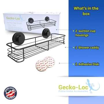 Gecko-Loc Large Wide Suction Cup Wall Mount Bathroom Shower Caddy - Wire Storage Basket Rack for Bath Kitchen Organizer - Black